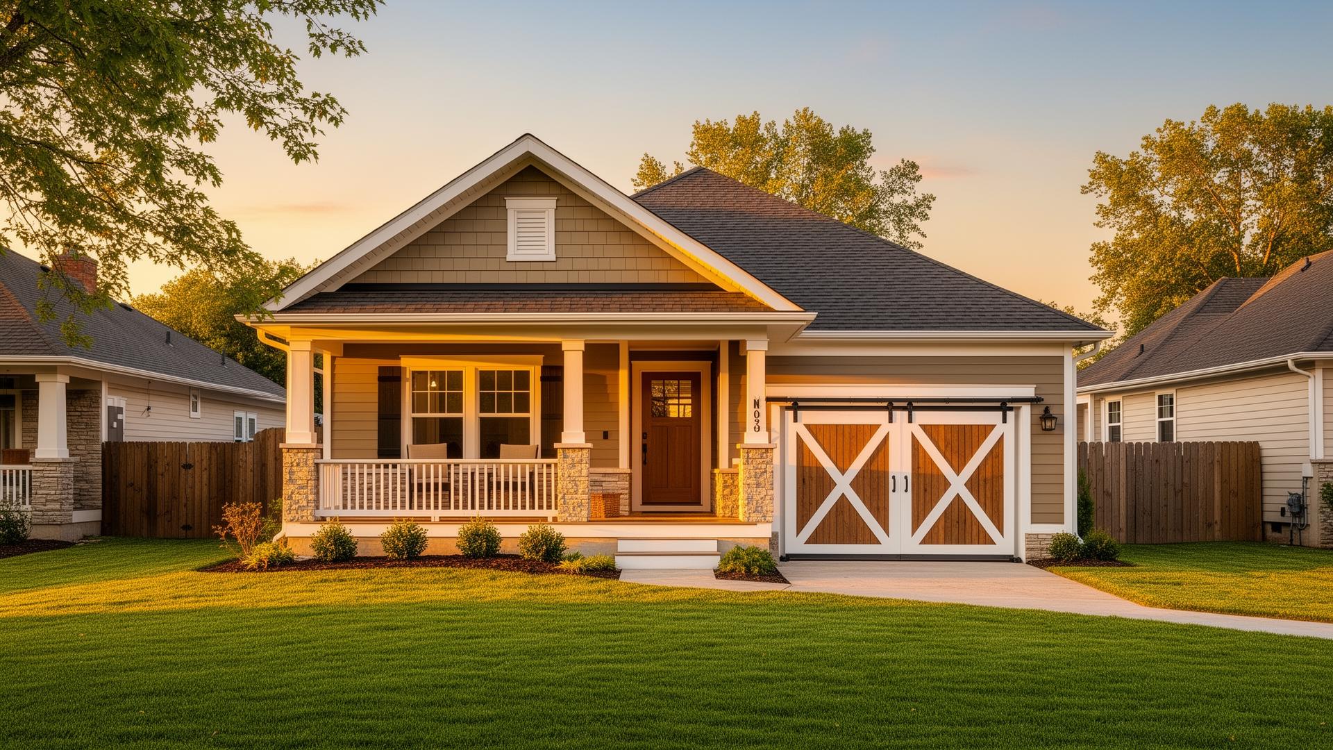 Professional farmhouse barn-style garage door with X-pattern on craftsman home in Troutdale